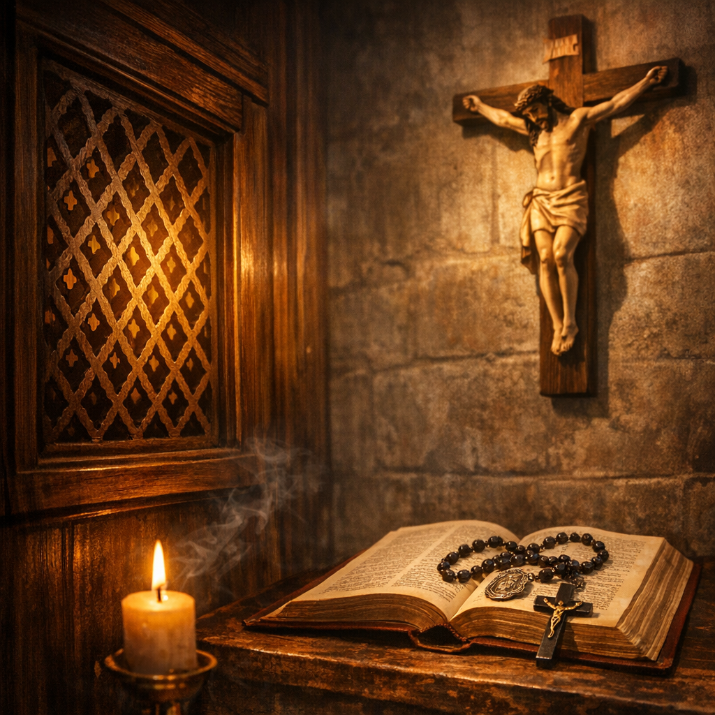 A confessional with a crucifix, open Bible, rosary, and candle