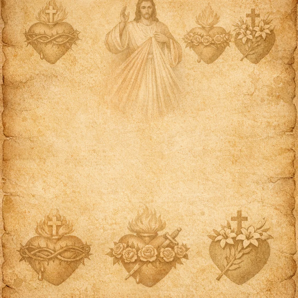 Parchment with sacred imagery including the Divine Mercy and Sacred Hearts